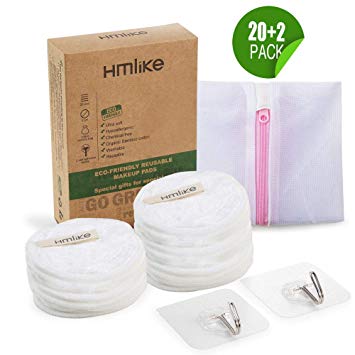 Hmlike Reusable Make up Remover Pads(20 Pack), Reusable Cotton Pads Rounds-Washable Bamboo Cotton Pads for all Skin Types with Laundry Bag and 2 Adhesive Hooks
