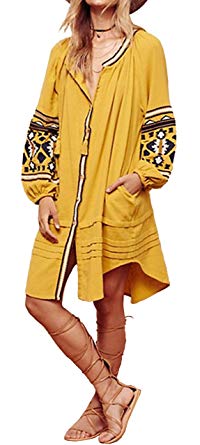 R.Vivimos Womens Autumn Long Sleeve Embroidery Oversized Single Breasted Button Up Dresses with Pockets