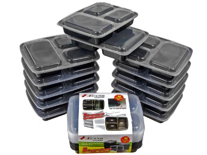 Xland Canada 3 Compartment Food Container 32 oz Plastic Bento Boxes, Black / 100 % Food Grade PP (10)