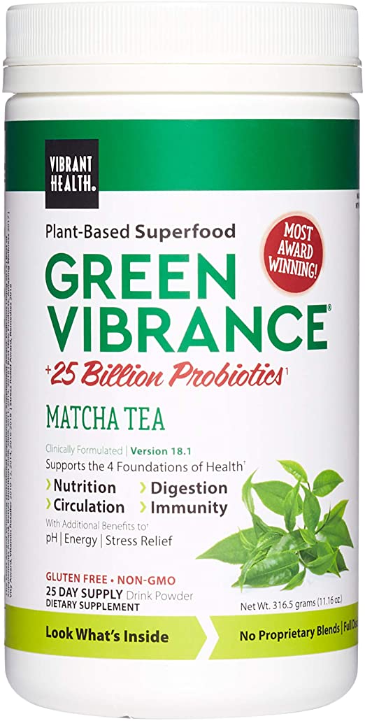 Vibrant Health, Green Vibrance Matcha Tea, Plant-Based Superfood Powder, 25 Billion Probiotics Per Scoop, Vegetarian and Gluten Free, 25 Servings