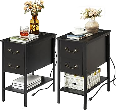 VECELO End Tables Set of 2,Narrow Nightstands with Charging Station & USB Ports &Drawers,Night Stand for Living Room, Bedroom, with Outlets, Black/2 pcs