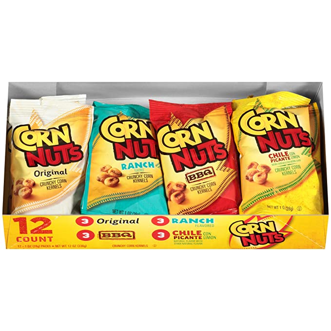 Corn Nuts Original, Ranch, BBQ, Chile Picante con Limon Crunchy Corn Kernels Variety Pack (1 oz Bags, Pack of 12)