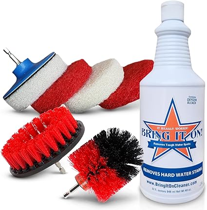Bring It On Cleaner Water Spot Remover 32 Ounce Tile & Grout Cleaner Plus Drill Brushes Pads, Home Deep Cleaning Kit for Kitchen, Bathroom, Fiberglass, Tubs
