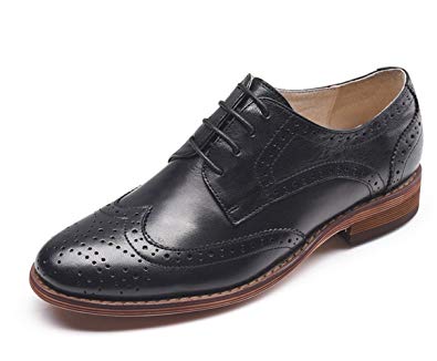 U-lite Women's Perforated Lace-up Wingtip Pure Color Leather Flat Oxfords Vintage Oxford Shoes