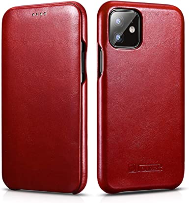 ICARER iPhone 11 Case,Vintage Series Ultra Slim Genuine Leather Flip Folio Case Side Open Cover Curve Edge Protection for Apple iPhone 11 6.1 inch 2019 (Red)