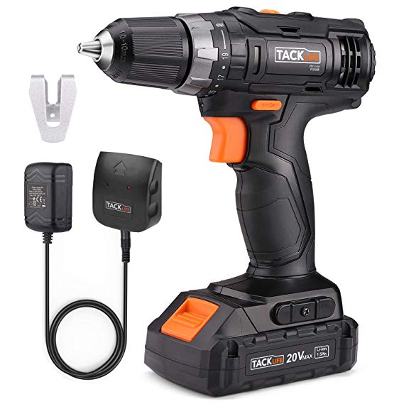 TACKLIFE 20V Cordless Drill Driver, 3/8’ Metal Chuck,2 Speeds Compact Drill Set with 32pcs Accessories ,1500mAh Lithium Battery Pack and Charger,PCD06B