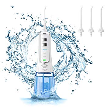 Water Dental Flosser, Anjou Cordless 10oz/300mL Professional Portable Oral Irrigator Helps Teeth Whitening, 3 Modes 4 Jet Tips, IPX7 Waterproof, Easy-to-Clean Water Reservoir, Blue