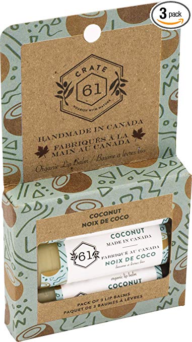 Crate 61 Coconut Lip Balm 3-Pack 100% USDA Organic Ingredients. Flavored with Premium Essential Oils and Organic Flavors, for Men and Women (Coconut)