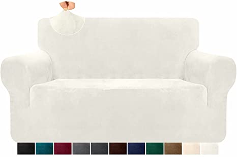 Granbest 1 Piece Luxury Stretch Velvet Sofa Cover for 2 Seater Couch Ultra Soft Thick Plush Couch Cover Pet Hair Proof Loveseat Sofa Slipcover Furniture Protector for Pets (2 Seater, Creamy White)
