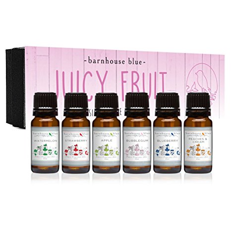 Premium Grade Fragrance Oil - Juicy Fruit - Gift Set 6/10ml Bottles - Apple, Blueberry, Bubble Gum, Peaches & Cream, Strawberry, Watermelon