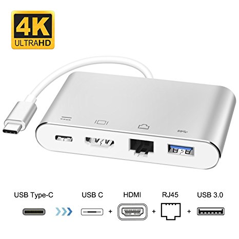 USB C to HDMI(4Kx2K) Adapter, Topoint 4-in-1 USB C HUB, USB 3.1 Type C to HDMI UHD Converter Adapter with RJ45(Gigabit Ethernet), USB 3.0 Port & Power Delivery Port for All New MacBook/MacBook Pro 2015/2016/2017, and Other USB-C Port Equipped Devices, Plug and Play