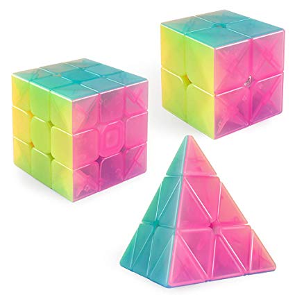 D-FantiX Qiyi Jelly Speed Cube Set, Qiyi Qidi S 2x2 Qiming Pyramid 3x3x3 Warrior W 3x3 Stickerless Magic Cube Bundle Puzzle Toys