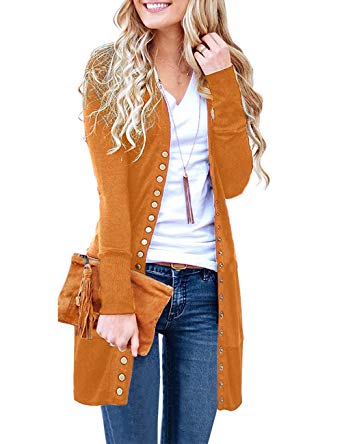 MEROKEETY Women's Long Sleeve Snap Button Down Solid Color Knit Ribbed Neckline Cardigans