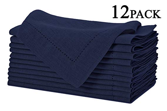 COTTON CRAFT Pure Linen Oversized Napkins 12 Pack - Pure Linen Hemstitch Napkins - (Set of 12) Size 20x20 Navy - Hand Crafted and Hand Stitched Napkins with Hemstitch on Genuine Linen Fabric