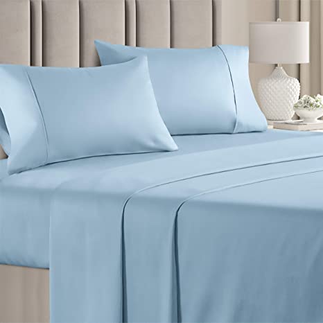 Cooling Cotton Bed Sheets - 4pc Set - Soft & Smooth Sateen Sheets - Deep Pocket Sheets - Fits up to 16” Mattresses – All - Cotton Sheet Set - Soft 400 Thread Count - Sateen Weave – Light Blue