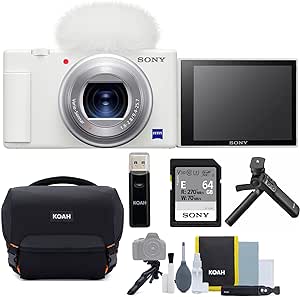 Sony ZV-1 Compact 4K HD Digital Camera for Content Creators (White) Bundle with Sony Accessory Kit, Memory Card Reader, Camera Bag with Cleaning Kit, and Photo Software (5 Items)