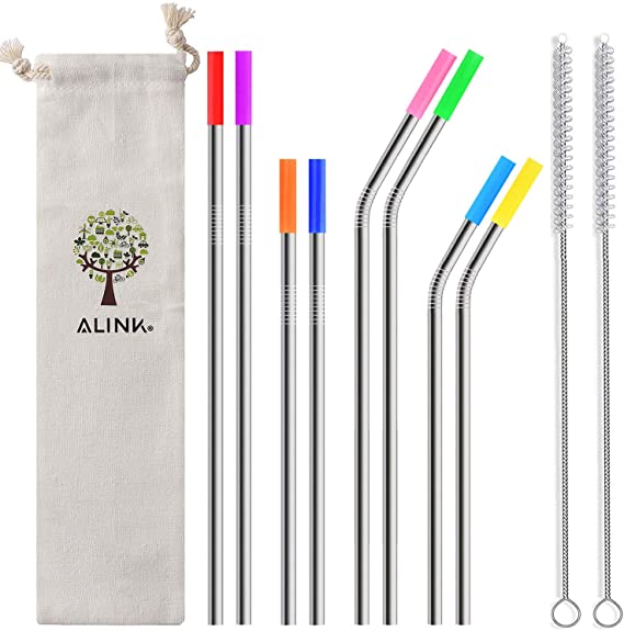 ALINK Stainless Steel Straws, 10.5"   9" Long Reusable Metal Drinking Straws for 30oz 20oz Yeti/Rtic Tumbler, Set of 8 with Carrying Case and Cleaning Brush