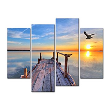 4 Pieces modern Canvas Painting Wall Art The Picture For Home Decoration Pier With Bird Flying And Colourful Sky At Sunset Lake Landscape Print On Canvas Giclee Artwork For Wall Decor