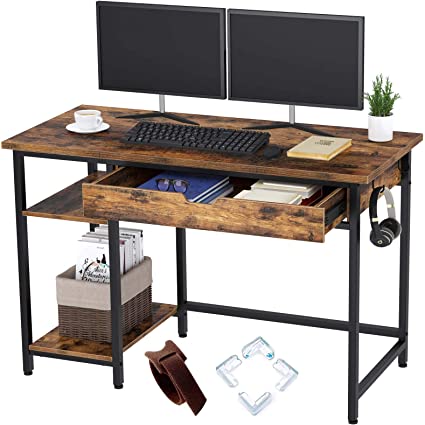 Rolanstar Computer Desk with Shelves and Drawer, 47" Home Office Writing Desk, Laptop Study Table Workstation, Retro Industrial Design, Stable Metal Frame, Rustic Brown