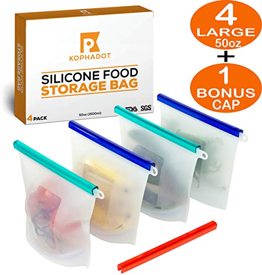 Reusable Silicone Food Storage Bags – 4 Large 50oz Transparent Silicone Food Bags & 5 Sealing Caps – Airtight & Leakproof Reusable Sandwich Bags – BPA-Free & FDA-Approved 1500ml Food Preservation Bags
