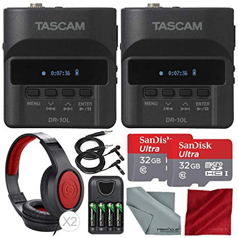 Tascam DR-10L Portable Digital Studio Recorder W/Lavalier Microphone, 32GB Card Headphones 2-Pack Deluxe Bundle