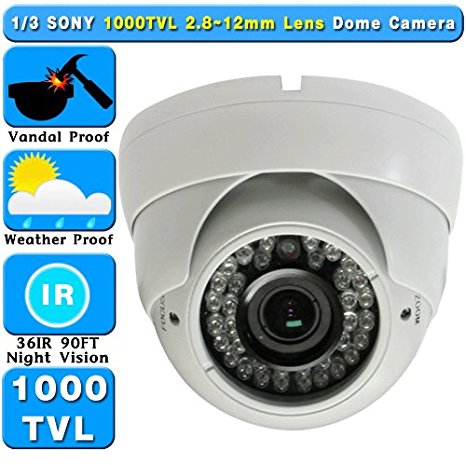 1/3" SONY 1000TVL , 720P, 1.3 MP 2.8-12mm Manual Zoom, 36IR 75FT Night Vision Vandal/Weather Proof CCTV Dome CAMERA