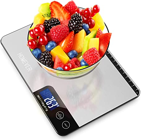 Homever Digital Kitchen Scale, 15kg Food Scales with Back-Lit LCD Display, Stainless Steel Electronic Kitchen Scales, with 1g Accuracy and 6 Units for Baking Cooking(Sliver)