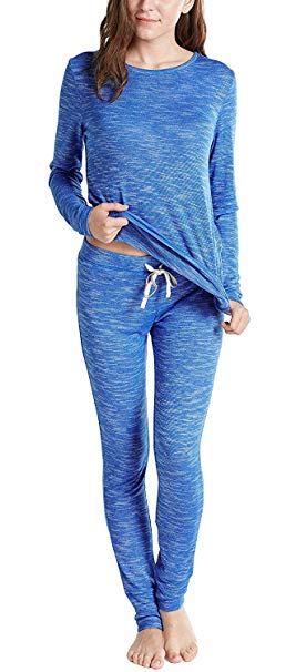 Ink Ivy Cotton Modal Winter Pajamas for Women, Thermal Underwear Set with Picot Trim Top & Leggings