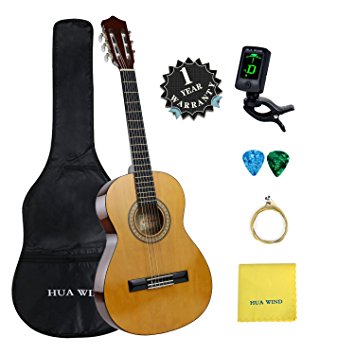 HUA WIND Full Size Classical Guitar Beginner Nylon Strings Acoustic Guitar Natural Gloss Bundle with Gig Bag,Tuner,Strings,Picks,Polishing Cloth(full-size)