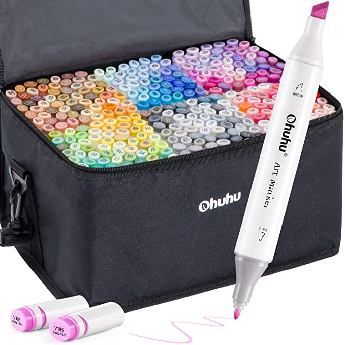 Ohuhu Alcohol Markers, The Final Largest Set of Oahu Series with New Designed Shell, 320 Unique Colors, Chisel & Fine Double Tipped Markers for Kids, Color-coded Caps, Marker Case & 1 Blender Included