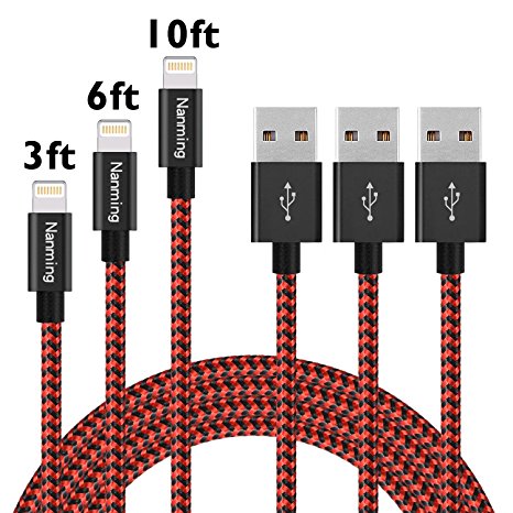 3Pcs 3ft 6ft 10ft Durable iphone Cable iphone Charger Nylon Braided Sync and Charging Cord with Aluminum Connector for iPhone7/7plus, SE/6/6s/6 plus/6s plus, 5c/5s/5, iPad Air/Mini(Red Black)
