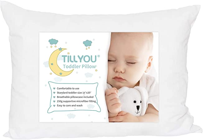 TILLYOU Ergonomic Toddler Bed Crib Pillow with Pillowcase, 100% Soft Cotton Baby Pillow for Sleeping in Daycare Preschool, Kids Portable Travel Pillow for Neck Head and Spine, 13X18 White