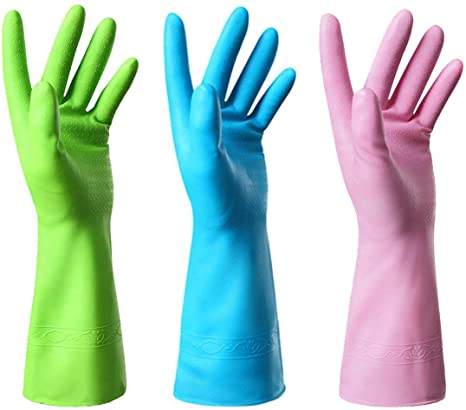 Mulfei Rubber Gloves Dishwashing-3 Pairs Household Cleaning Gloves Including Blue, Pink, Purple, and Green,Non Latex and Fit Your Hands Well, Great Kitchen Tools (3 Pair)