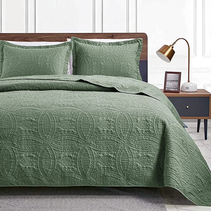 Love's cabin Quilts for Queen Bed Olive Green Bedspreads - Soft Bed Summer Quilt Lightweight Microfiber Bedspread- Modern Style Coin Pattern Coverlet for All Season - 3 Piece (1 Quilt, 2 Pillow Shams)