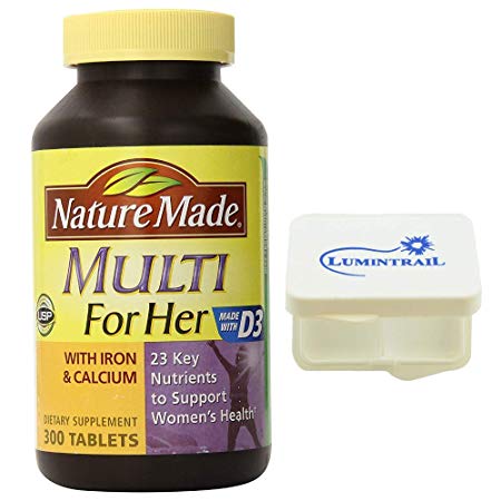 Nature Made Multi for Her with Iron, Calcium, D3 Women Daily Multivitamin Supplement - 300 Tablets - Bundle with a Lumintrail Pill Case