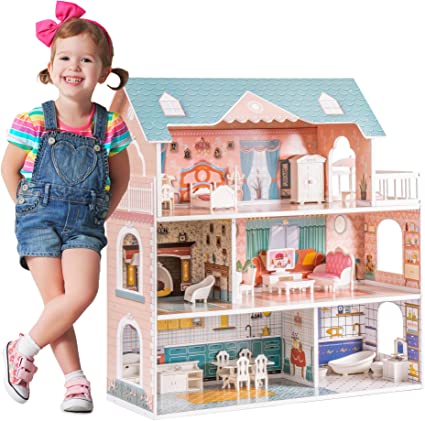 ROBOTIME Doll House Wooden Dollhouse for Kids 3 4 5 6 Years Old, Dreamhouse w/28PCS Furniture Plastic, for 3.3”Dolls, Birthday Presents for Toddler 3