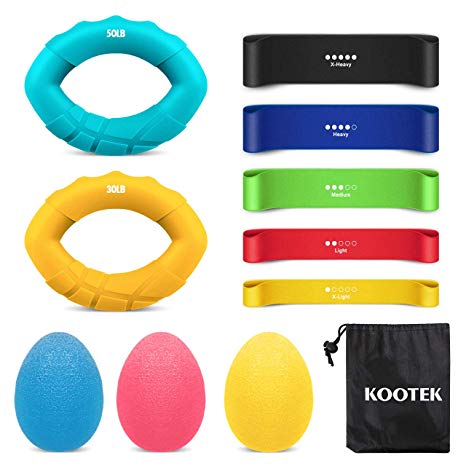 Kootek Hand Grip Strength Trainer - 5 Finger Loop Resistance Bands 3 Stress Relief Therapy Balls 2 Hand Squeeze Rings, Forearm Grip Workout Strengthener Gripper Exerciser for Athletes Musicians