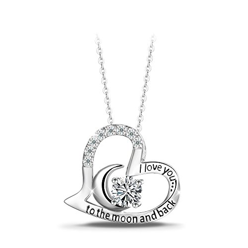 T400 Jewelers Sterling Silver "I Love You to the Moon and Back" Heart & Moon Zirconia Pendant Necklace