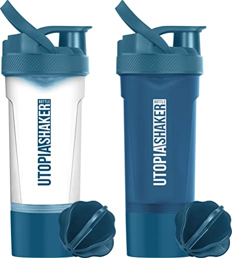 Utopia Home Pack of 2 -Shaker Bottle - BPA Free & Leakproof - Classic Protein Mixer Shaker Bottle with Twist and Lock Protein Box Storage (All Navy & Clear/Navy)