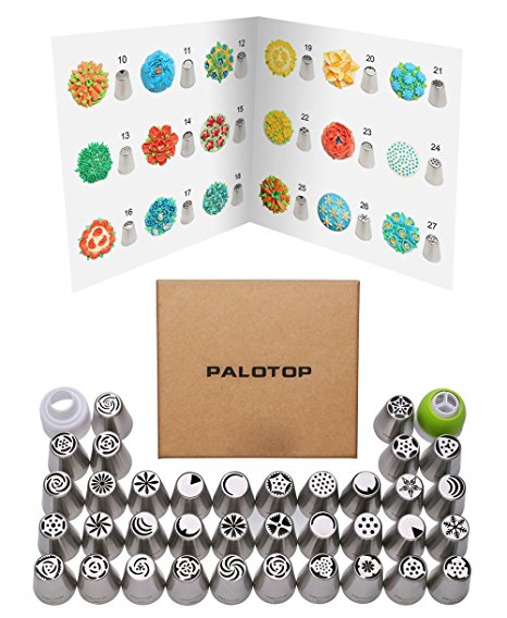 PALOTOP Updated Version Russian Piping Tips 58-Pcs Set (36 Russian Tips 1 Coupler 1 tri-color coupler 20 Disposable Pastry Bags) DELUXE Russian Icing Tips Set with Online Instructional Videos