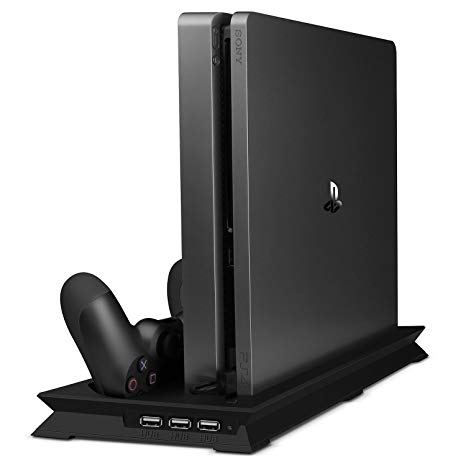 PS4 Slim Cooling Stand, TechRise PS4 Slim Vertical Stand Cooling Fan Cooler Controller Charger Charging Station for Playstation 4 Slim - Black