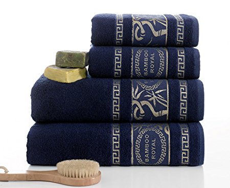 Turkish Bamboo Towel Set , p Bamboo 0 Turkish Cotton, 2 Bath Towels and 2 Hand Towels - Natural, Ultra Absorbent and Ultra Soft (Gift Set of 4) (DARK BLUE)