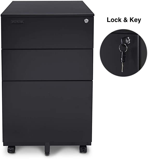 Aurora Mobile File Cabinet 3-Drawer Metal with Lock Key Sliding Drawer, Black, Fully Assembled, Ready to Use