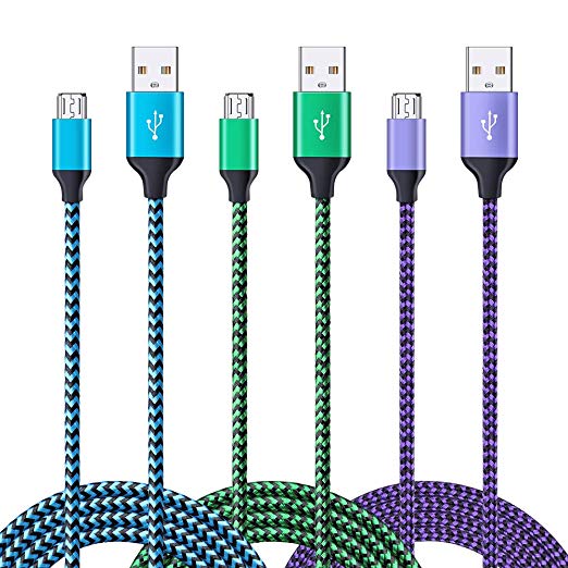 Micro USB Cable, FiveBox 3Pack 6ft Android Charging Cable Fast Nylon Braided Micro USB Charger Phone Cord Compatible Samsung Galaxy J3 J7 A6 S6 S7 Edge, LG Stylo 2/3 G3 G4 K30 K20 Plus, Android Tablet