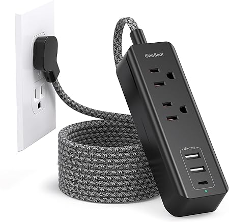 Cruise Essentials, USB C Travel Power Strip, Flat Plug Power Strip with 2 Outlets 3 USB Ports (1 USB C), 10ft Flat Extension Cord USB Charging Station, Non Surge Protector for Cruise, Travel, Home, BK