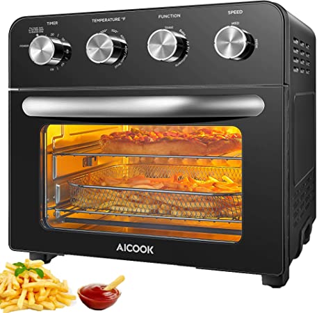 10-in-1 Air Fryer Oven 1700W AICOOK 24 Quart Airfryer Toaster Oven for Chicken, Pizza, Fries and Cookies, Convection Roaster with 6 Accessories & Recipes Included, Black