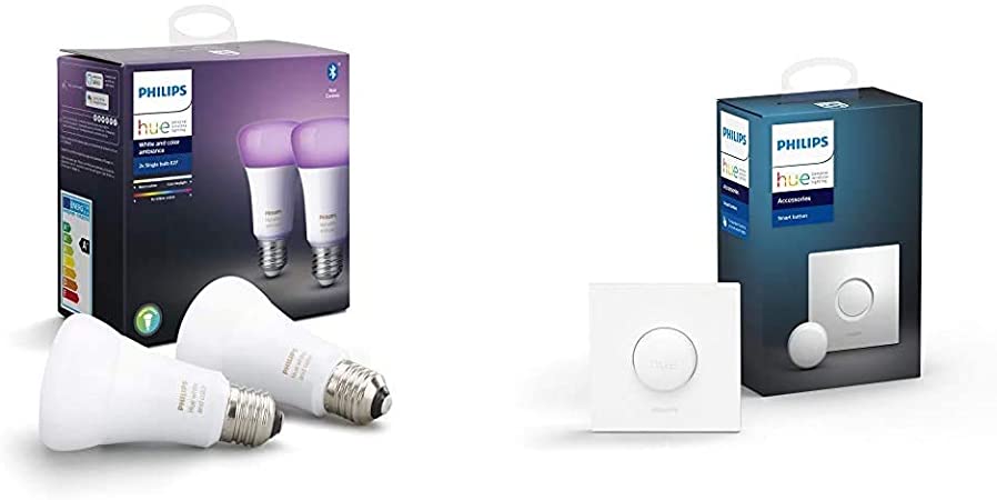 Philips Hue White and Colour Ambiance Smart Bulb Twin Pack [E27 Edison Screw] with Bluetooth   Smart Button Bundle; Works with Alexa, Google Assistant and Apple HomeKit