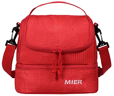 MIER Double Decker Insulated Lunch Box Pink Soft Cooler Bag Thermal Lunch Tote with Shoulder Strap (Red)