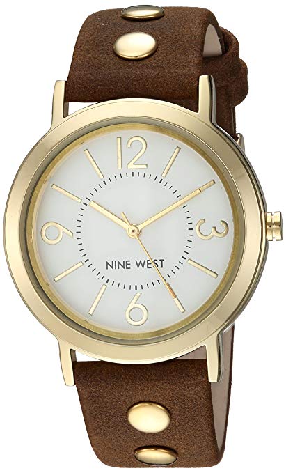 Nine West Women's NW/2058SVBN Gold-Tone and Brown Faux Suede Strap Watch