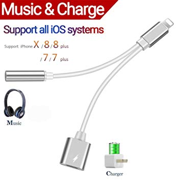 Lightnig to 3.5mm Audio Adapter  Charger Adapter for Phone 7/7Plus Phone 8/8Plus Phone X to 3.5mm Headset Headphone.2 in1 Lightnig Jack to 3.5mm Headphone Adapter for Phone 7.Headphone Audio Splitter and Charging Adaptor(Support Audio Charge Volume Control Compatible All iOS Systems)-Silver